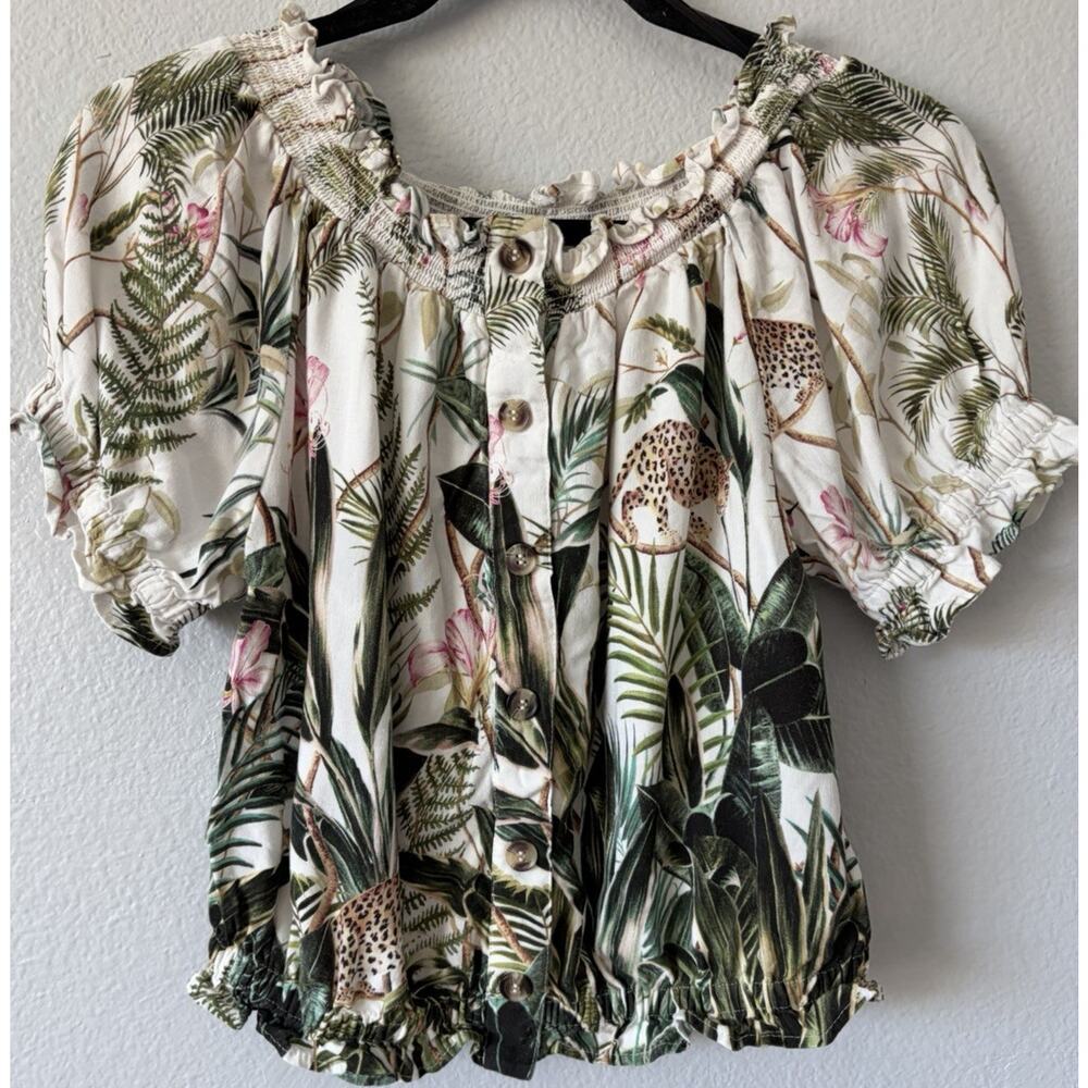 H&M Linen blend Tropical Floral Jaguar Ruffle Neck & Short Sleeve Blouse Size 6